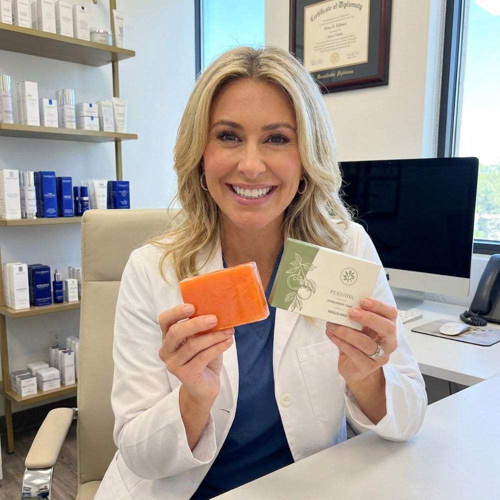Dermatologist holding Pershibu Persimmon Soap